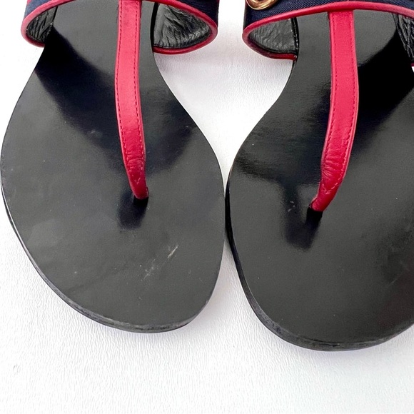 GUCCI || Horsebit Red Blue Web Stripe Black Leather Thong Sandal Flat EU 39 US 9 - Picture 4 of 15